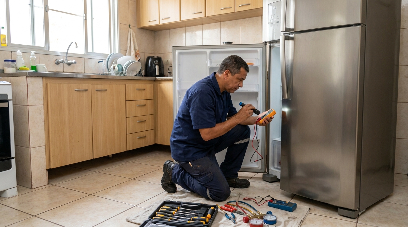 Técnico aplicando recarga de gás refrigerante em geladeira no Centro, Santos‑SP