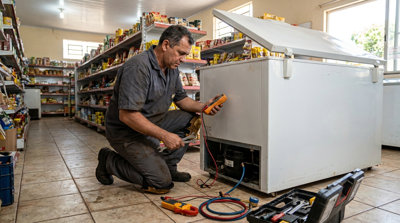Substituição de termostato de freezer em visita técnica em Santos‑SP